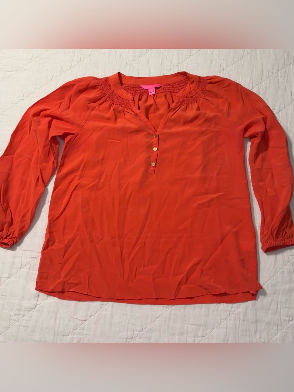 Lilly Pulitzer Orange Long-Sleeve Smocked Neck Blouse Large
